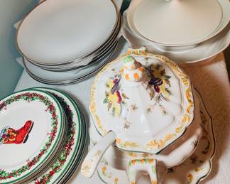 beautiful tableware--notice the Christopher Radko Christmas dishware