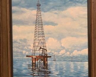 very large framed original oil on canvas of an off shore drilling rig by Flora Jones 1960
