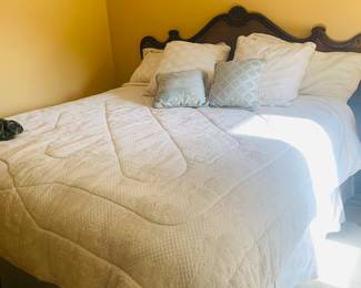 king bed with designer bedding and like new luxury mattress set