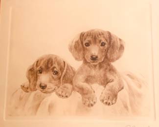 etching by noted wildlife artist Kurt Meyer-Eberhardt "Young Dachshunds" purchased from Evangeline Galleries