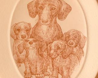 Etching entitled "Dachshund Family" by artist Marsha Kristen Howe