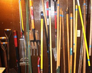 Variety of garden shovels, rakes, snow shovels and misc.