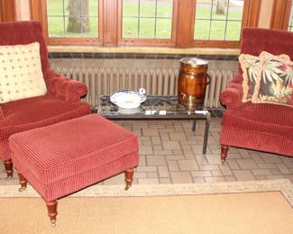 BUY IT NOW! $575.00. Pair of Brick Red Chairs with Ottomans On Rollers, by Southwood.