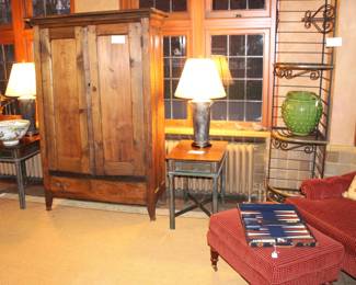 Two end tables and red chair and ottoman sold. Knockdown cabinet and metal shelf and green jar still available.