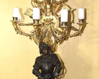BUY IT NOW! $3750.00. Impressive pair of Bronze figural candelabra. Brown patinated and gilt, in form of the Middle Age armored knights, one in mailshirt(hauberk) with sabre, the other in plate armor resting on crossbow, each standing on double square base with four helmets, surmounted by crossed weapons and round disc applied with fight implements and mask, issuing two tier of seven horn-shaped arms topped with candle lights, and a pike finial with Minerva portrait medallion. Height 45 inches. See more detailed pictures below.