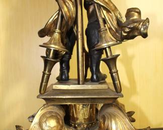 BUY IT NOW! $3750.00. Impressive pair of Bronze figural candelabra. Brown patinated and gilt, in form of the Middle Age armored knights, one in mailshirt(hauberk) with sabre, the other in plate armor resting on crossbow, each standing on double square base with four helmets, surmounted by crossed weapons and round disc applied with fight implements and mask, issuing two tier of seven horn-shaped arms topped with candle lights, and a pike finial with Minerva portrait medallion. Height 45 inches. See more detailed pictures below.