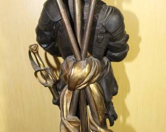 BUY IT NOW! $3750.00. Impressive pair of Bronze figural candelabra. Brown patinated and gilt, in form of the Middle Age armored knights, one in mailshirt(hauberk) with sabre, the other in plate armor resting on crossbow, each standing on double square base with four helmets, surmounted by crossed weapons and round disc applied with fight implements and mask, issuing two tier of seven horn-shaped arms topped with candle lights, and a pike finial with Minerva portrait medallion. Height 45 inches. See more detailed pictures below.