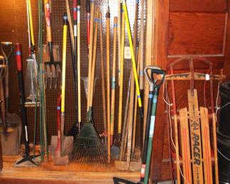 Variety of garden shovels, rakes, snow shovels and misc.