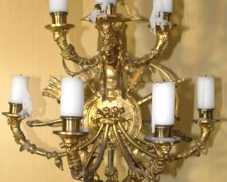 BUY IT NOW! $3750.00. Impressive pair of Bronze figural candelabra. Brown patinated and gilt, in form of the Middle Age armored knights, one in mailshirt(hauberk) with sabre, the other in plate armor resting on crossbow, each standing on double square base with four helmets, surmounted by crossed weapons and round disc applied with fight implements and mask, issuing two tier of seven horn-shaped arms topped with candle lights, and a pike finial with Minerva portrait medallion. Height 45 inches. See more detailed pictures below.