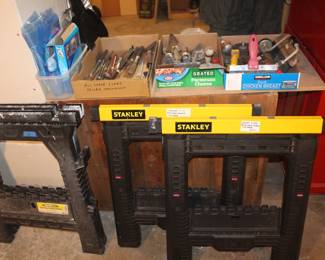 Pair of Stanley expandable saw horses, misc. tools.