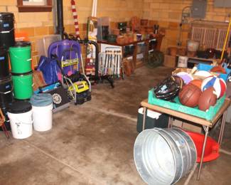 Variety of sporting goods and ladders and misc. (Ryobi power washer sold, Croquet set sold.