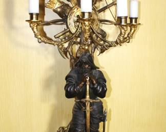 BUY IT NOW! $3750.00. Impressive pair of Bronze figural candelabra. Brown patinated and gilt, in form of the Middle Age armored knights, one in mailshirt(hauberk) with sabre, the other in plate armor resting on crossbow, each standing on double square base with four helmets, surmounted by crossed weapons and round disc applied with fight implements and mask, issuing two tier of seven horn-shaped arms topped with candle lights, and a pike finial with Minerva portrait medallion. Height 45 inches. See more detailed pictures below.