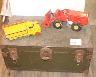 Yellow truck sold. Red payloader and antique truck still available.