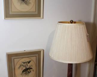 Framed bird prints. Lamp.