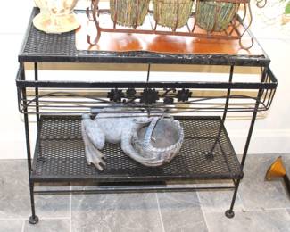 ALL ITEMS ON CART SOLD, EXCEPT CART. $250.00. Vintage Woodward Wrought Iron Cart.