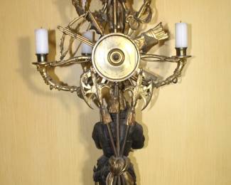 BUY IT NOW! $3750.00. Impressive pair of Bronze figural candelabra. Brown patinated and gilt, in form of the Middle Age armored knights, one in mailshirt(hauberk) with sabre, the other in plate armor resting on crossbow, each standing on double square base with four helmets, surmounted by crossed weapons and round disc applied with fight implements and mask, issuing two tier of seven horn-shaped arms topped with candle lights, and a pike finial with Minerva portrait medallion. Height 45 inches. See more detailed pictures below.