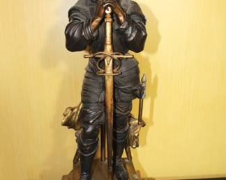 BUY IT NOW! $3750.00. Impressive pair of Bronze figural candelabra. Brown patinated and gilt, in form of the Middle Age armored knights, one in mailshirt(hauberk) with sabre, the other in plate armor resting on crossbow, each standing on double square base with four helmets, surmounted by crossed weapons and round disc applied with fight implements and mask, issuing two tier of seven horn-shaped arms topped with candle lights, and a pike finial with Minerva portrait medallion. Height 45 inches. See more detailed pictures below.