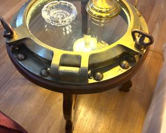 Brass, glass and wood old ship porthole table