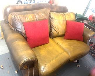 Leather sofa and loveseat with nailhead trim, with two ottomans 
