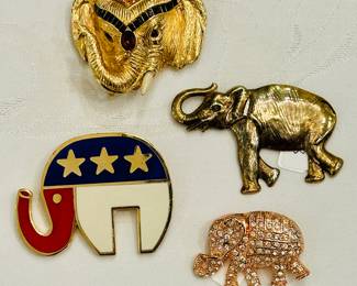 Large selection of elephant brooches, including Ciner (top L), Ann Hand (bottom L)