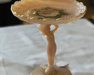 Vintage Cambridge glass candy dish decorated by Charlton.