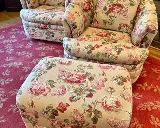 Swivel barrel chairs and ottoman