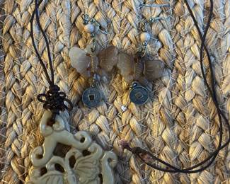 Carved Jade Necklace and Earrings Set