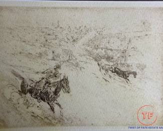EDWARD BOREIN (1872-1945) Wild Horse Round Up Etching and Drypoint in Sepia Tone on Woven Paper