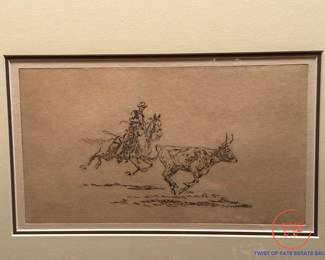 EDWARD BOREIN (1872-1945) Roping Calf Etching and Drypoint in Sepia Tone on Woven Paper