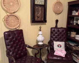 Pair leather button tufted chairs