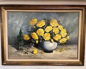 Large painting of yellow rosse signed B. Vaughn