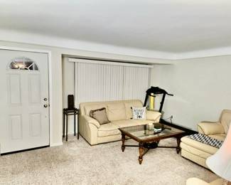 Beautiful Contemporary Beige Italian Leather Living Room Set: Sofa/Couch, Loveseat, Chair and Ottoman. All pieces in excellent like new condition