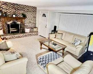 Beautiful Contemporary Beige Italian Leather Living Room Set: Sofa/Couch, Loveseat, Chair and Ottoman. All pieces in excellent like new condition