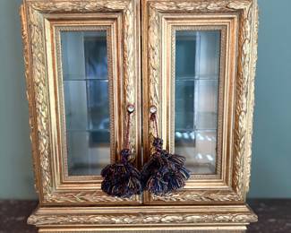 Gold leaf beveled glass display cabinet w/ shelves