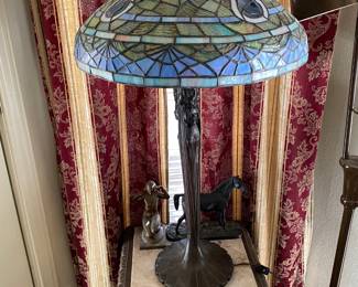 Art Nouveau style lamp w/blue slag glass shade
