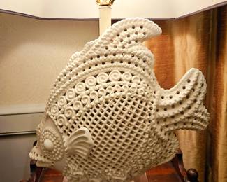 80s filigree porcelain fish lamp, must see