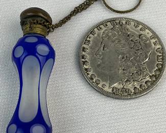 Antique c. 1880 Victorian Blue Cut To Clear Glass Chatelain Perfume Bottle w/ ornate Brass Hinged Top
