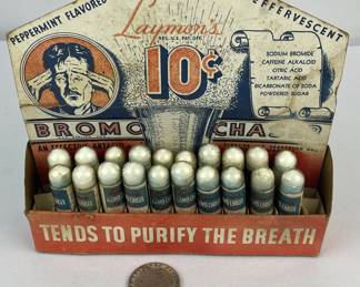 Vintage 1940's Layman's Bromo Chaser Peppermint Flavored Effervescent Tablets Store Counter Box w/ 20 Tubes NEW OLD STOCK
