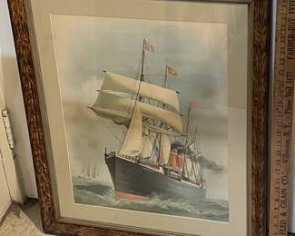 Antique c. 1890 SS Vancouver, Dominion Line Royal Mail Steamships Chromolithograph Travel Poster FRAMED