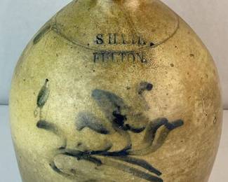 Antique c. 1860 S. Hart. Fulton 2 Gallon Stoneware Semi Ovoid Jug w/ Blue Decorated Flower