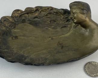 Vintage Art Nouveau Beautiful Maiden with Flowing Hair Peacock Feather Resin Tray