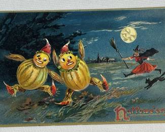 Antique c. 1905 Witch and Black Cat Chasing 2 Pumpkin Head Veggie Goblin Men "Hallowe'en" Embossed Postcard by Raphael Tuck & Sons UNUSED
