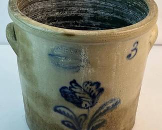 Antique c. 1870 Burger & Lang Rochester, NY 3 Gallon Stoneware Crock w/ Blue Cobalt Floral Decoration