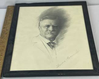 SIGNED Fannie Soulé Campbell (American, b 1860, d.?) Theodore Roosevelt Portrait Charcoal Drawing FRAMED