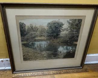 Antique c. 1920 Original Signed and Hand Tinted "The Swimming Pool" Large Photo Print by Wallace Nutting (American, 1861-1941) FRAMED