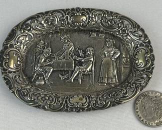 Antique c.1910 Friedrich Reusswig .900 German Silver Pierced Repousse Tray w/ Pub Scene (3.46oz)