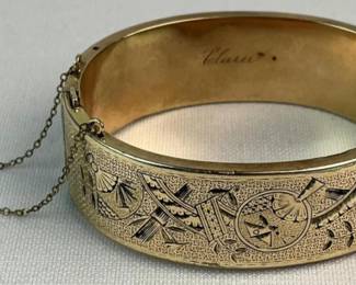 Antique c. 1860 Victorian 10K & 14K Yellow Gold Etched Black Enamel Cuff Bracelet (24.41g)