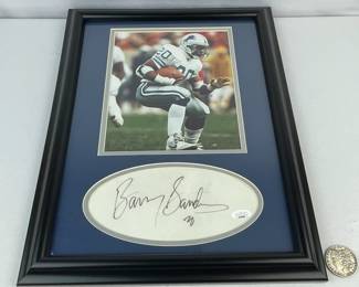SIGNED Barry Sanders White Leather Football Patch with Photo Framed Collage w/ JSA COA