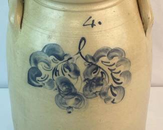 Antique c. 1870 Large 4 Gallon Cylindrical Stoneware Crock w/ Cobalt Stemmed Flower Decoration