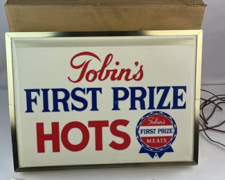 Vintage 1950's Tobin's First Prize Hots Advertising Lighted Sign w/ Chain and Box NEW OLD STOCK